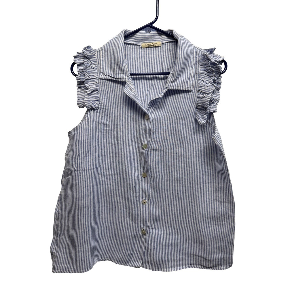 Alessia Pacini Linen Striped Ruffle Sleeveless Blouse Blue White Made in Italy S
